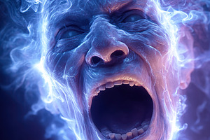 Intense spiritual apparition with glowing blue smoke emanating from a distresse, an Arts & Entertainment Photo by AlyaAnd