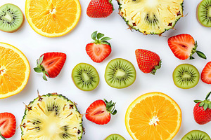 Pattern of different fresh sliced fruits on white background, a Food & Drink Photo by AlyaAnd