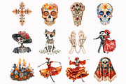 Watercolor Day of the Dead Clipart, an Illustration by Design Market (Thumbnail 2 of 4)