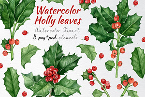 Watercolor Holly Leaves Clipart