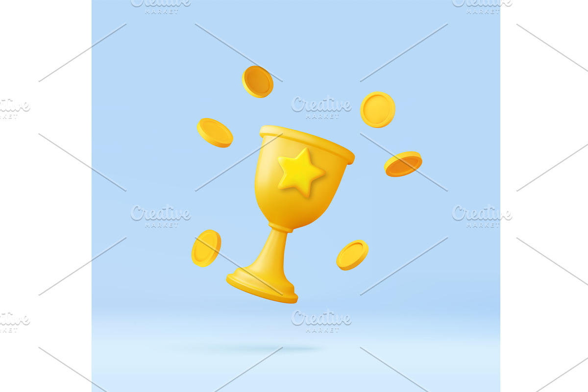 3D golden trophy with flying coins, a Person Illustration by ModVector