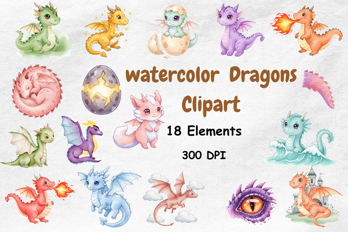 Watercolor Dragons Clipart, an Animal Illustration by BerryPieArt (Photo 1 of 4)