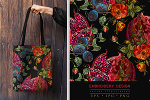 Pomegranate, plum,red roses flowers