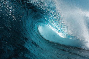 A large wave rises and crashes, a Photo by Pavel_design