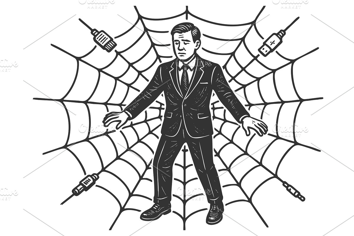 Man trapped in digital web of, a Person Illustration by AlexArt