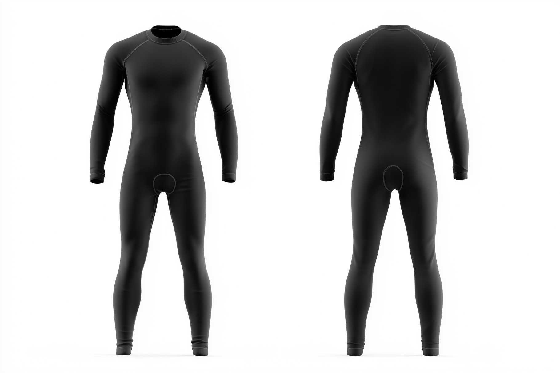 A full-body wetsuit mockup from the front and back views. The wetsuit ...