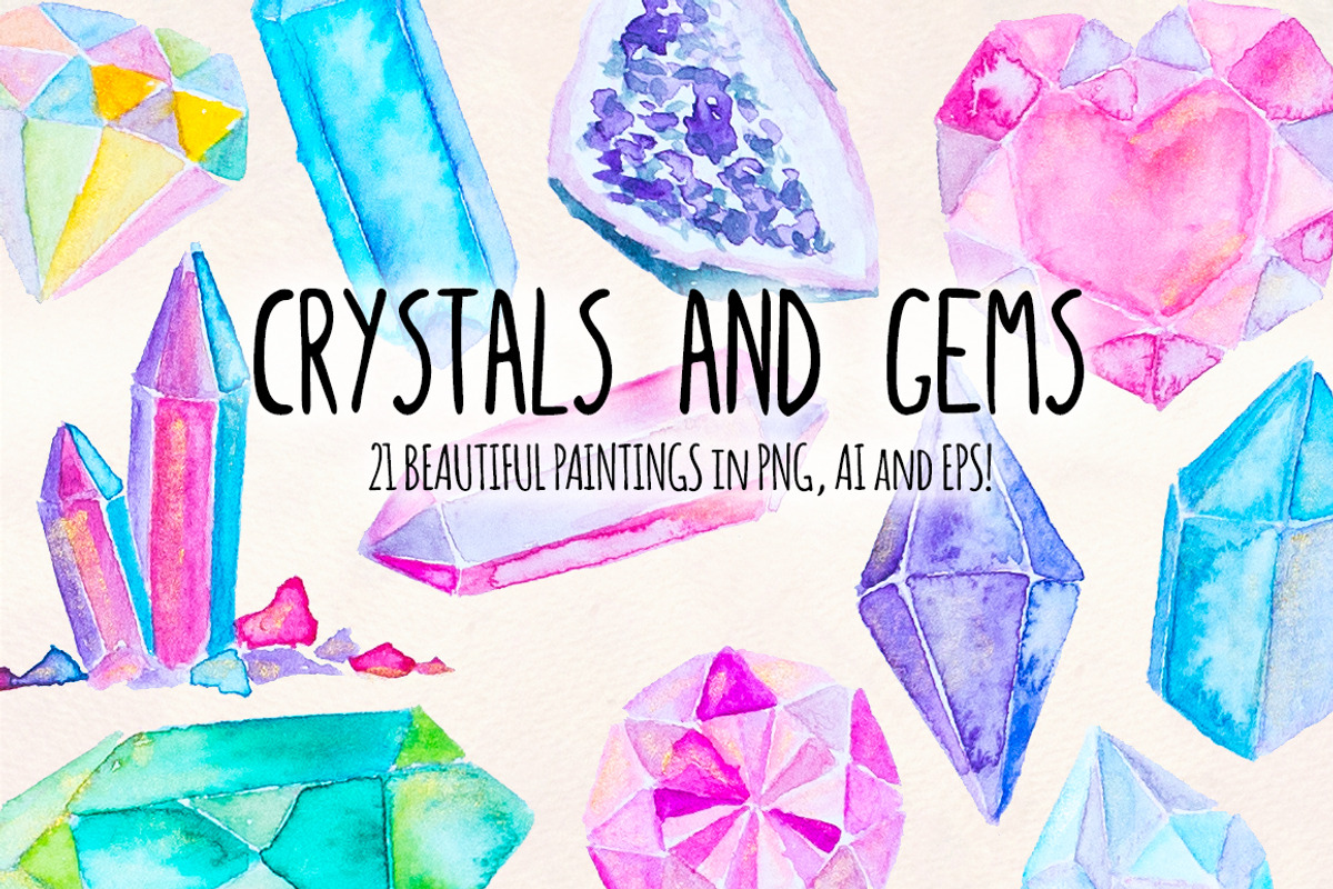 Crystal Gems Watercolor Bundle, an Object Illustration by Violet LeBeaux (Photo 1 of 3)