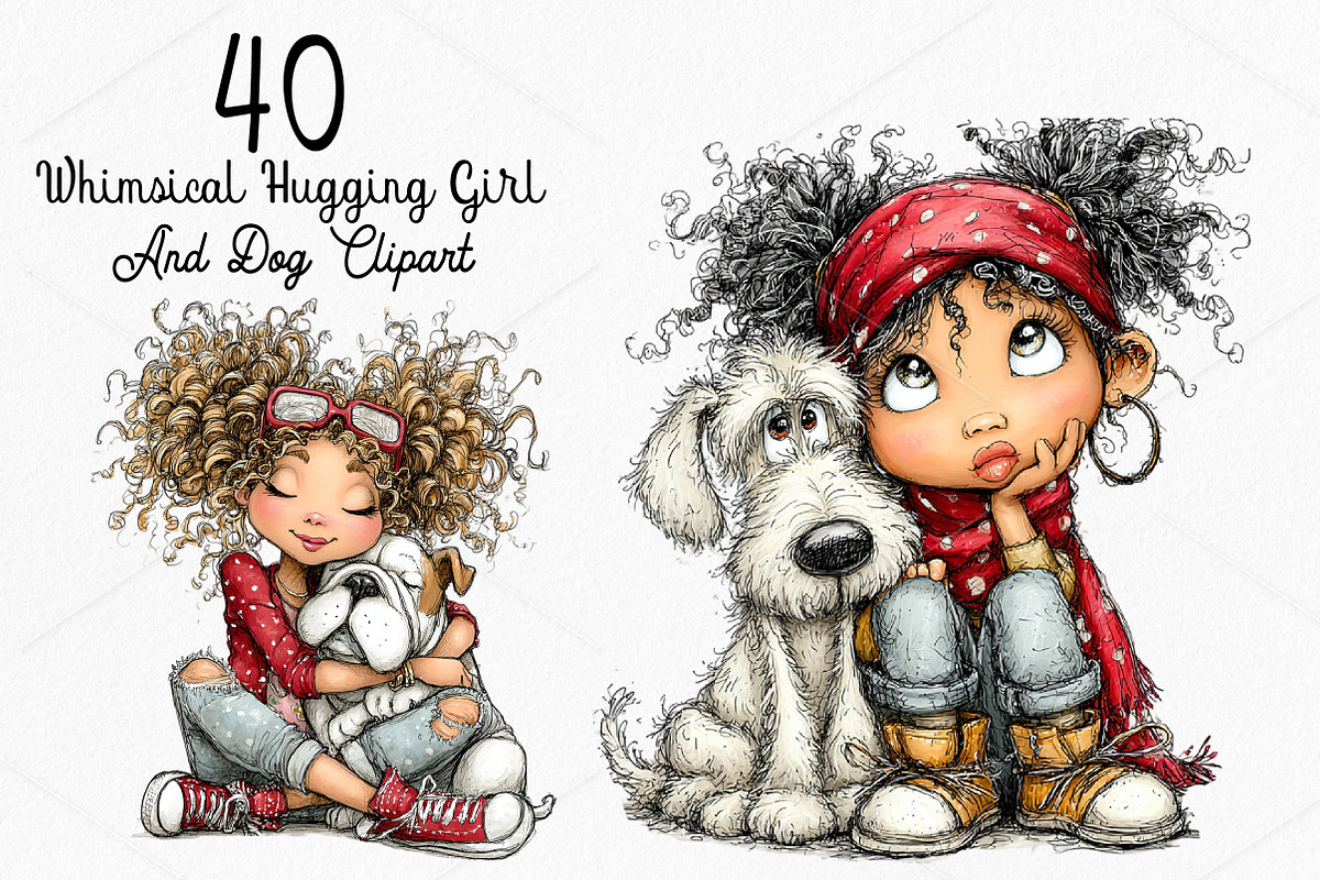 Whimsical Hugging Girl and Dog PNG, a Seasonal Illustration by Canvas Craft (Photo 1 of 10)
