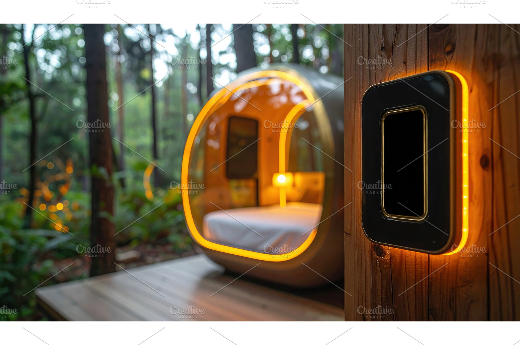 A glowing capsule cabin in the woods, a Nature Photo by Igor Tichonow