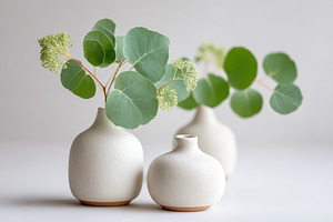 Minimalist green foliage in ceramic vases with soft natural light, a Nature Photo by AlyaAnd