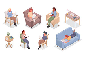 Isometric woman reading books, an Education Illustration by Yayasya