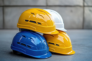 Yellow, white, and blue safety helmets are neatly stacked on a smooth surface,, an Industrial Photo by AlyaAnd