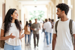 College students in urban setting, indian or latin american woma, a Photo by Dvoevnore photos