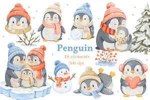 Watercolor Winter Penguin Clipart