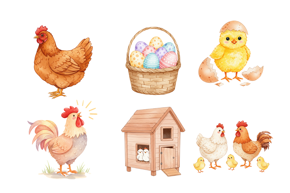 Watercolor Chickens Clipart, an Animal Illustration by BerryPieArt (Photo 3 of 4)