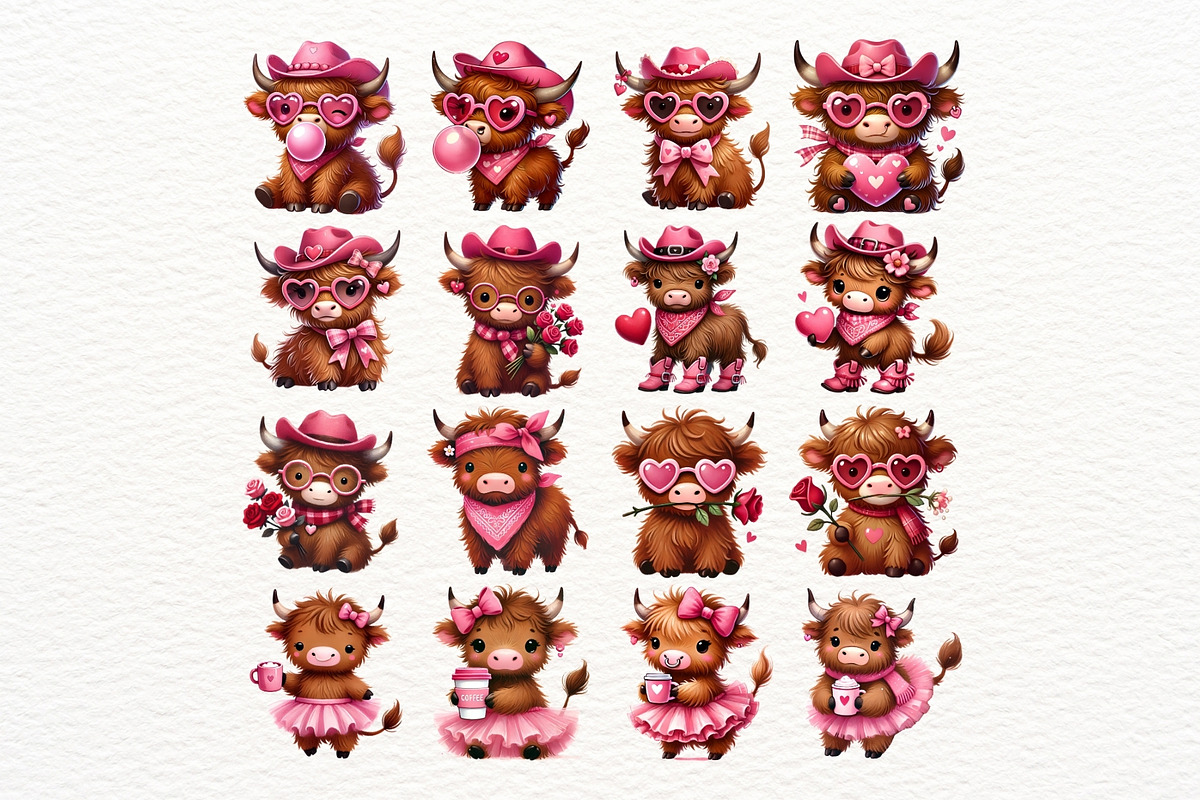 Valentine Highland Cow Clipart Set, an Animal Illustration by Nicolle's Colorful Art (Photo 2 of 7)