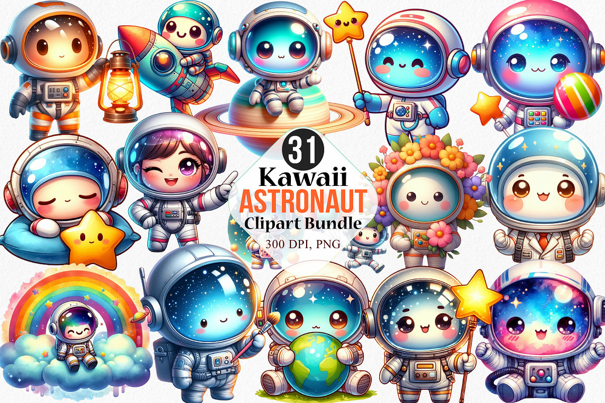 Kawaii Astronaut Clipart Bundle, an Illustration by Canvas Craft (Photo 1 of 7)