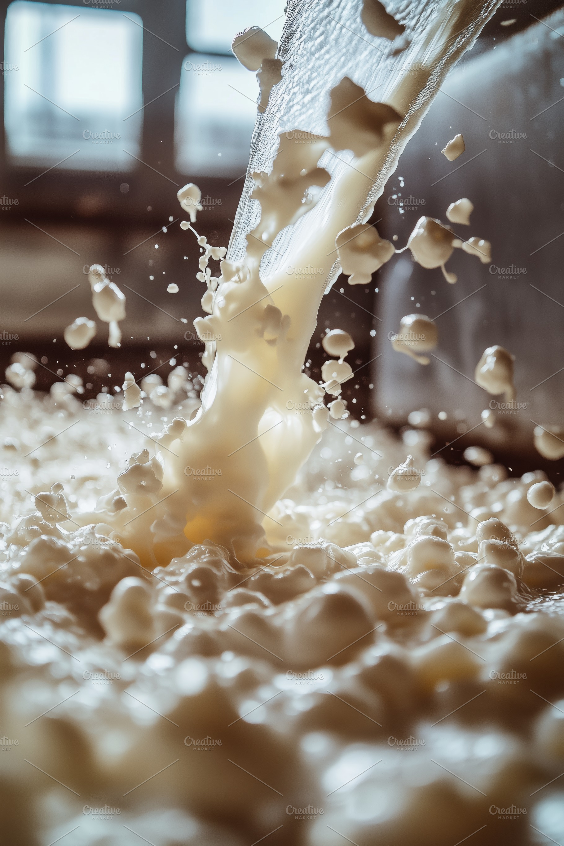 A close-up view of milk being poured, creating splashes and droplets. The scene, a Person Photo by Textures & Backgrounds