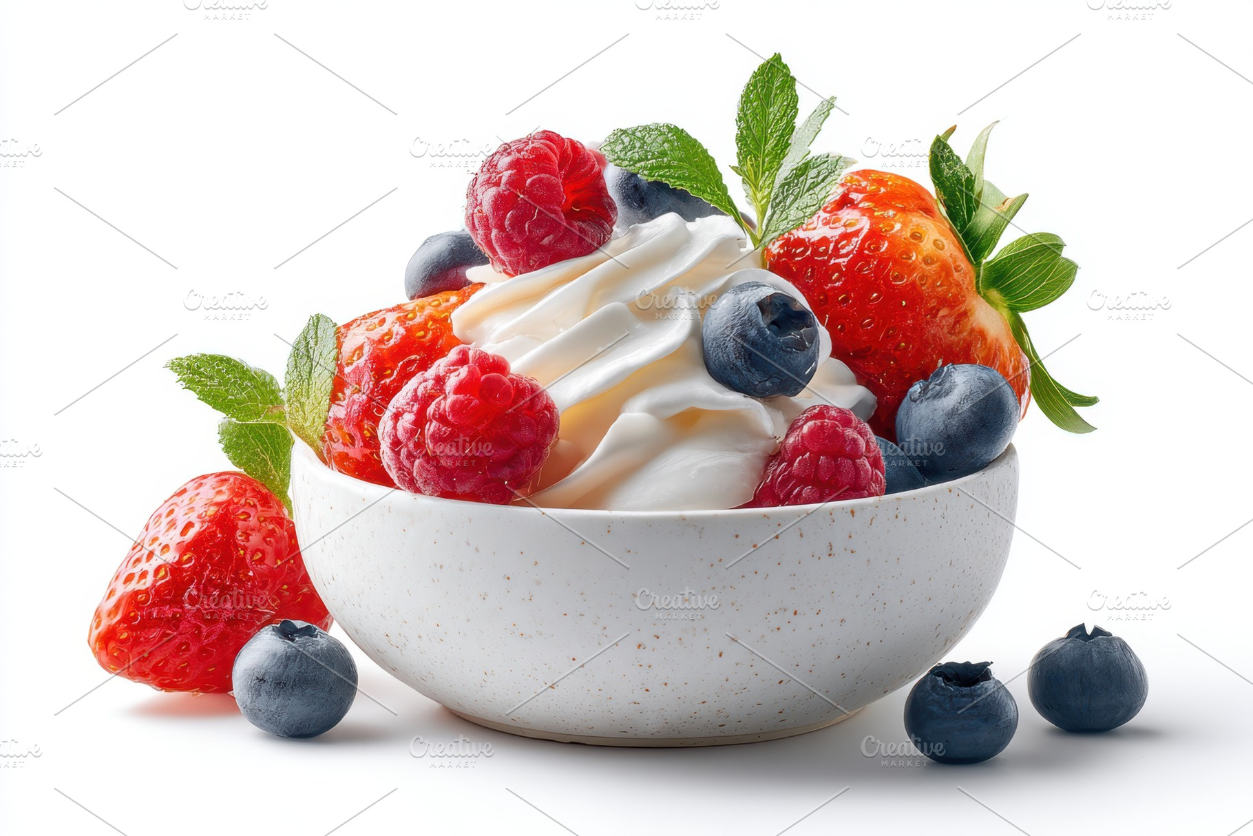 Bowl of mixed berries with whipped cream, a Food & Drink Photo by AlyaAnd