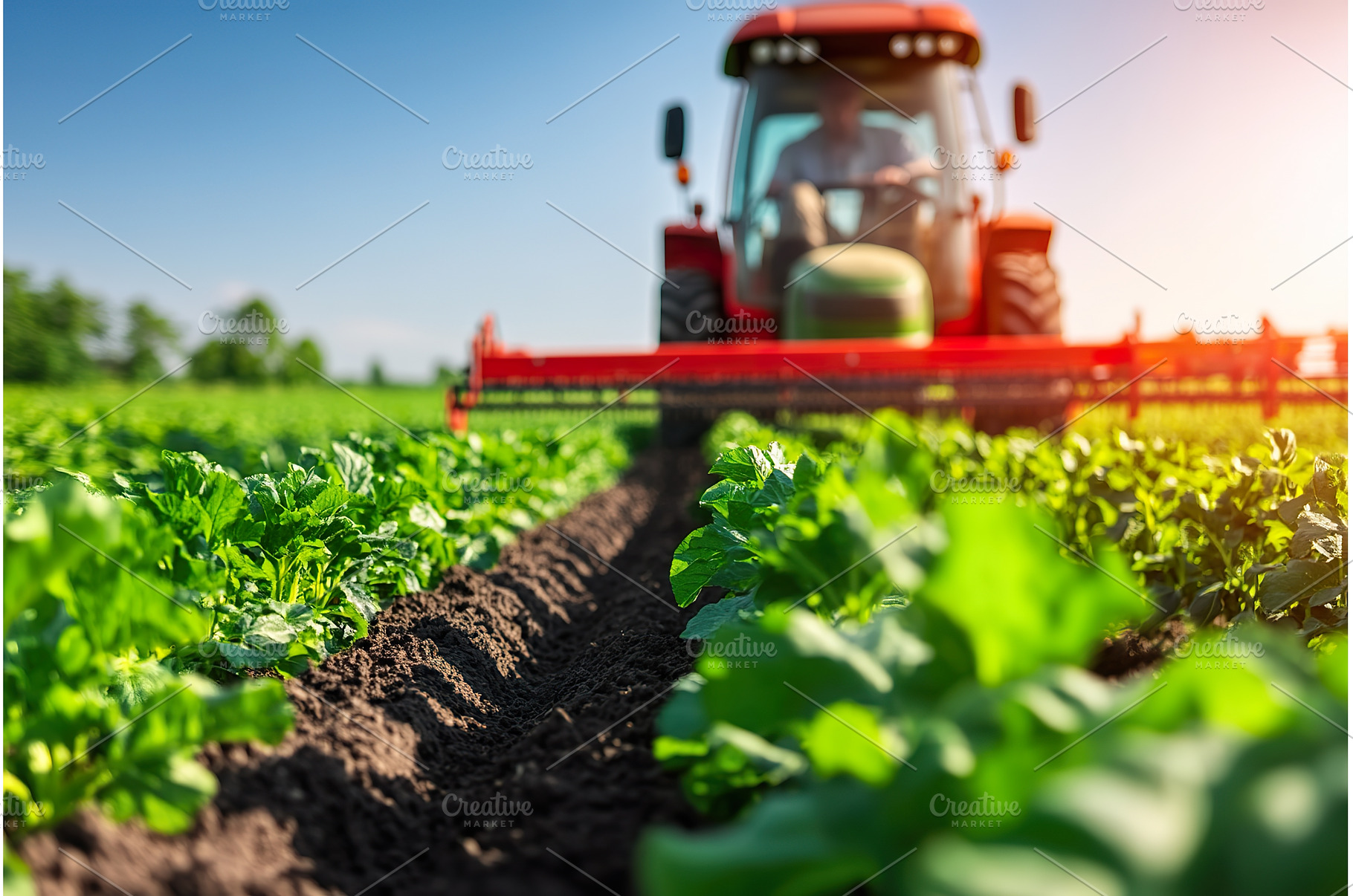 Tractor cultivating green field with, an Animal Photo by Lermont51