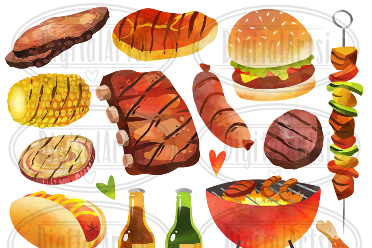 Watercolor BBQ Clipart, a Food Illustration by DigitalArtsi