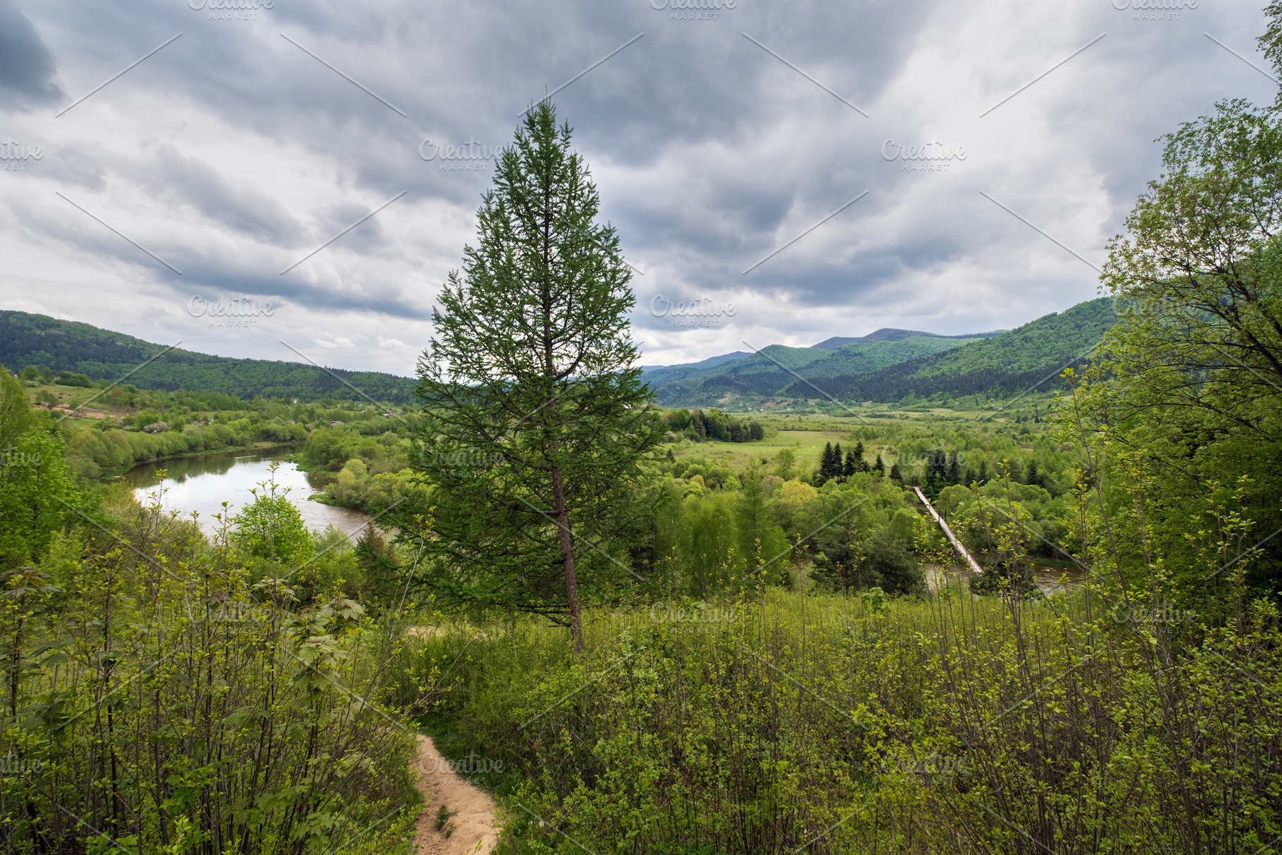 Spring picturesque river band view. Mountains scenery view behin, a Nature Photo by YuriyB