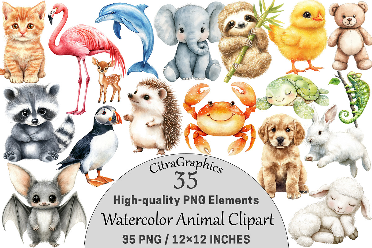 Watercolor Animal Clipart, a Seasonal Illustration by CitraGraphics (Photo 1 of 4)