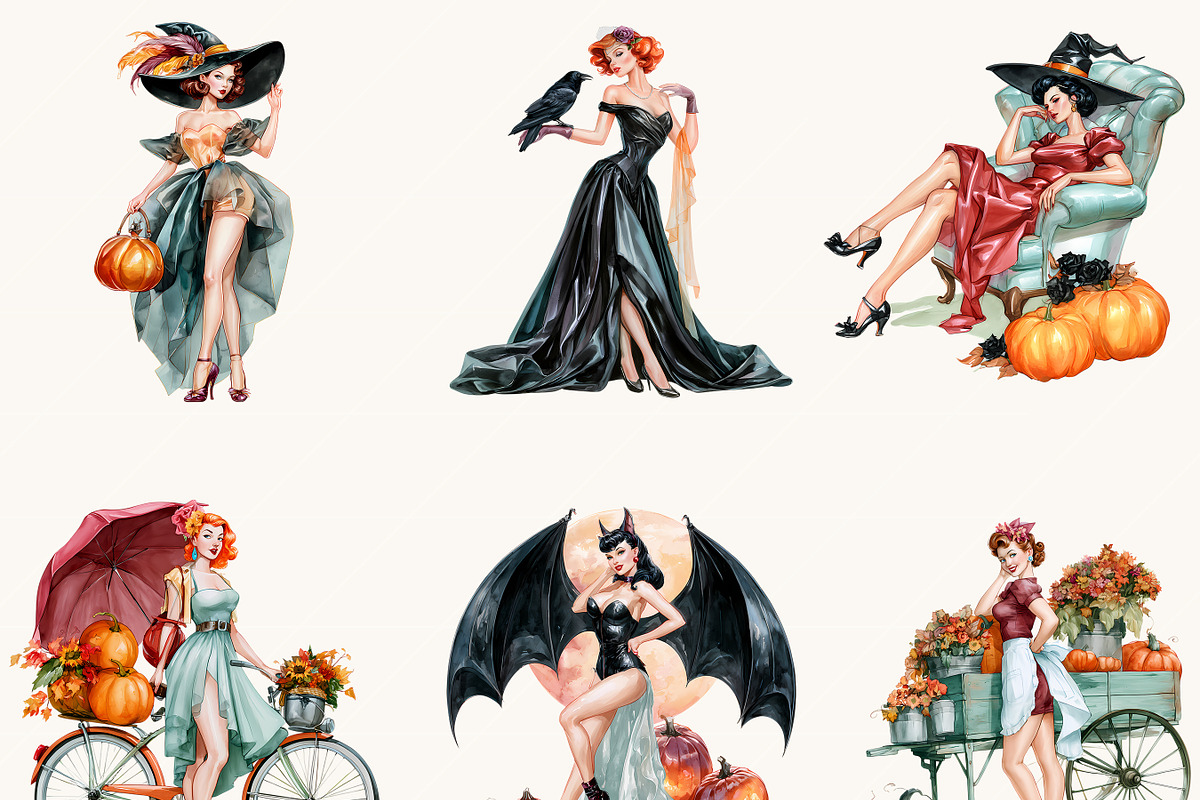 Watercolor Halloween Pin Up Witch, a Seasonal Illustration by BusyDaydesign (Photo 5 of 9)