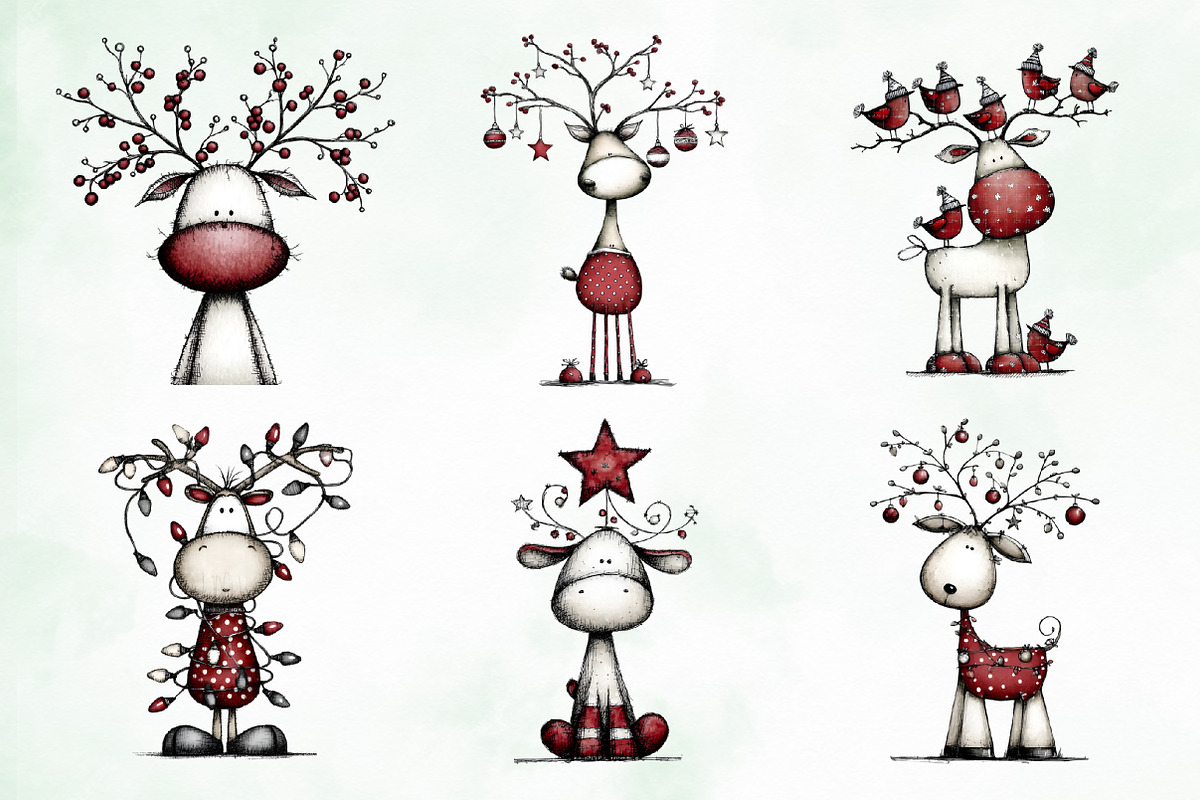 Whimsical Christmas Reindeer Clipart, an Illustration by Creative Art (Photo 8 of 13)