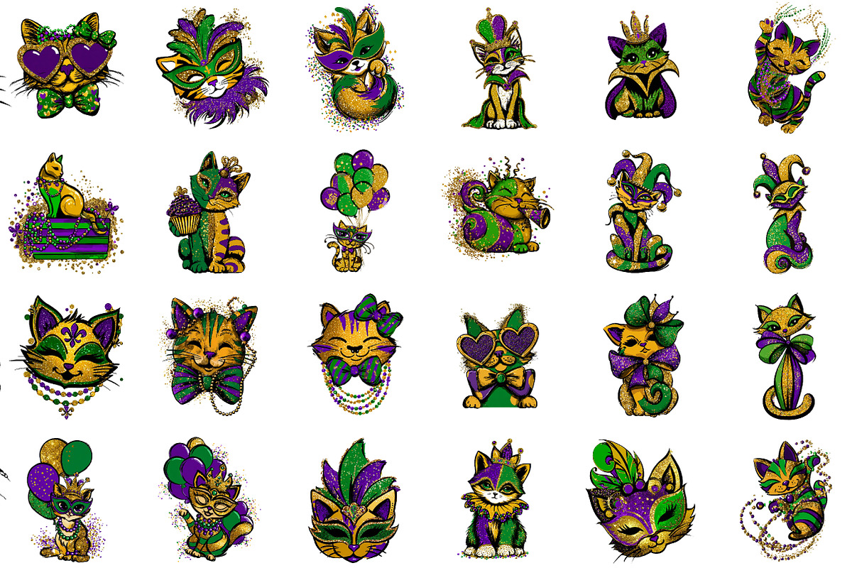 Whimsical Mardi Gras Cat Clipart, an Illustration by Sublimation Artist (Photo 2 of 6)