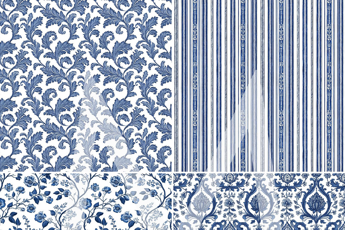 Blue Toile de Jouy Pattern Paper Set, a Pattern Graphic by Maishop (Photo 3 of 15)