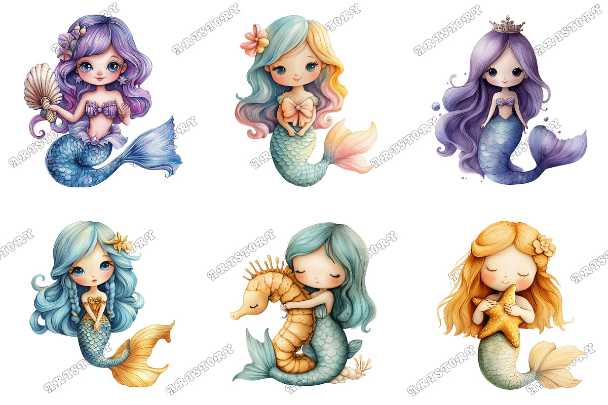 Kawaii Mermaid Clipart, an Illustration by designcity5 (Photo 2 of 5)