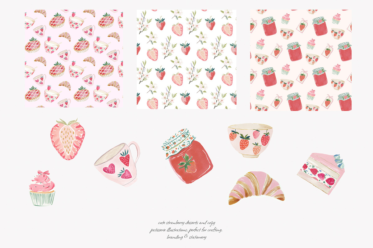 strawberry watercolor clipart set, a Decorative Illustration by Patishop Art (Photo 4 of 6)
