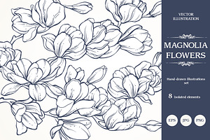 Linear vector magnolia flowers set