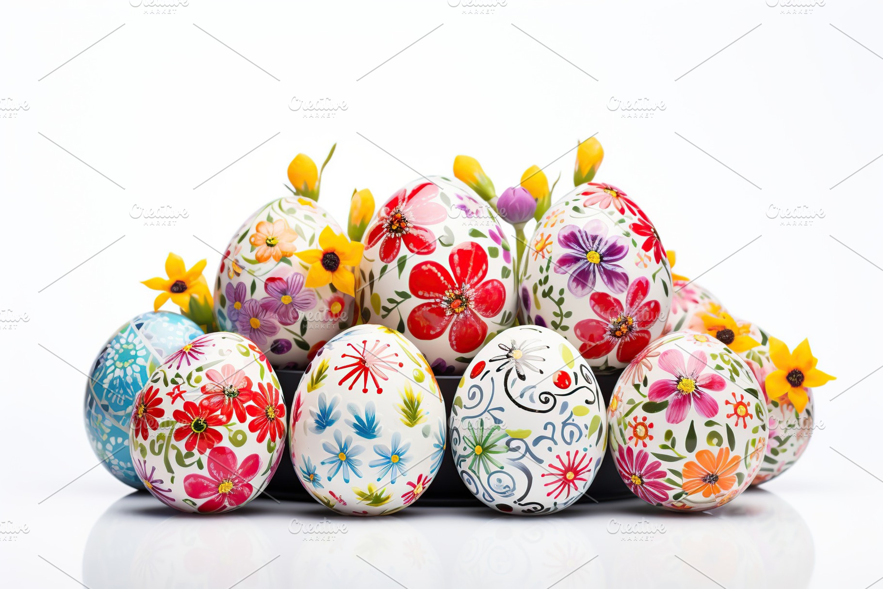 Colorful easter eggs with flowers on white background, a Holiday Photo by AlyaAnd