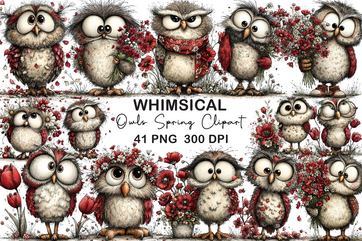 Whimsical Owls Spring Clipart, an Illustration by CraftArtStudio (Photo 1 of 6)