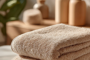Soft beige towels and wooden body br, a Photo by Pixeness Studio