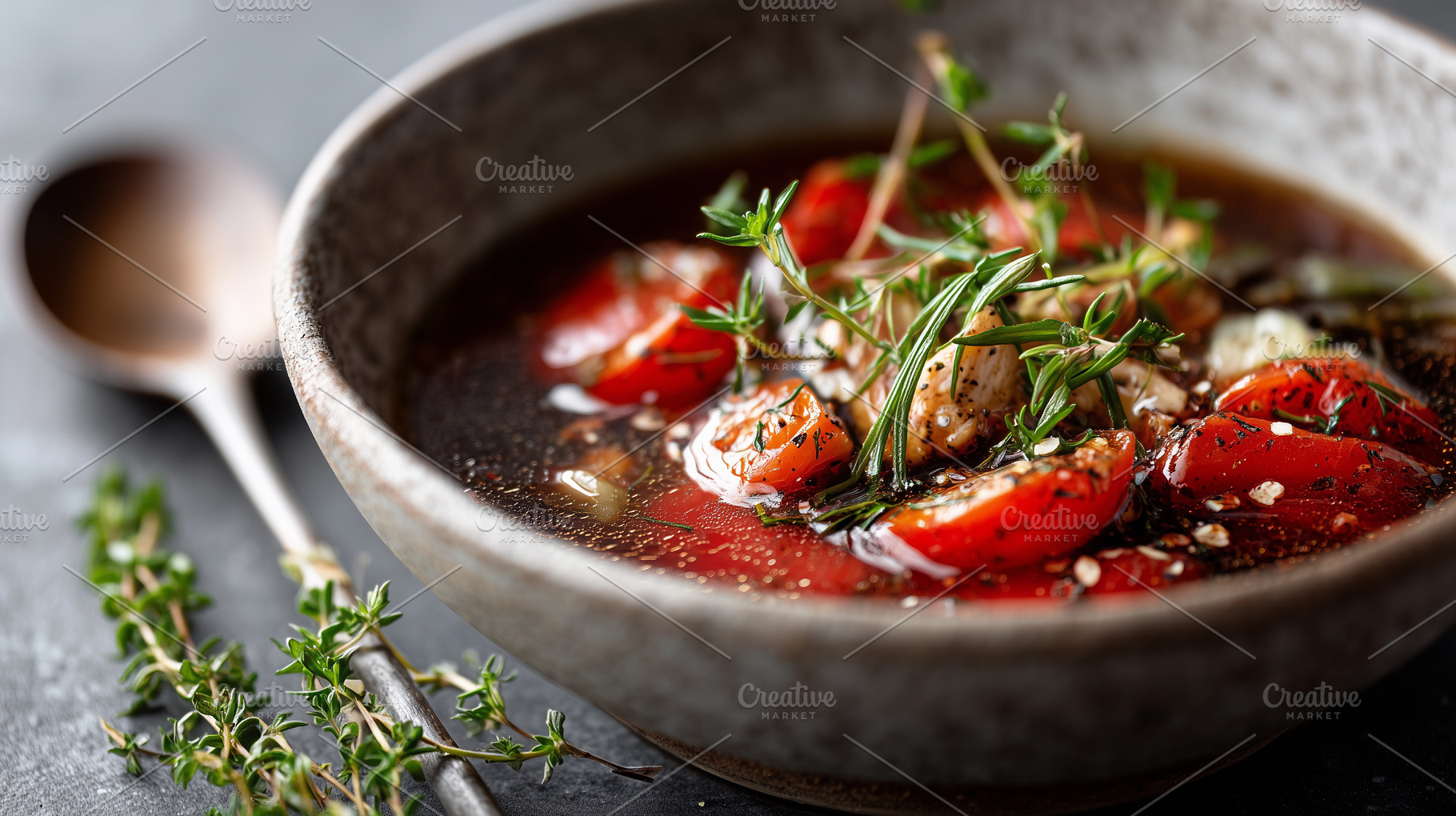 Clear savory broth with tomatoes, a Food & Drink Photo by MistyDay