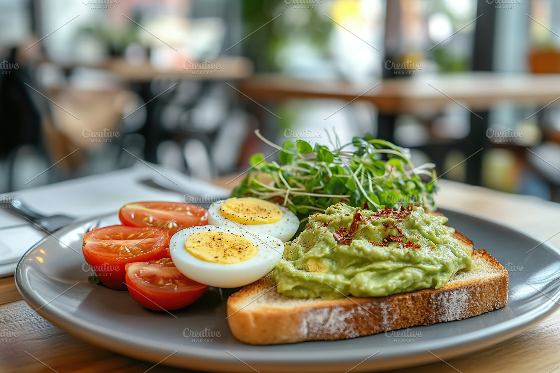 Delicious toast bread with avocado, boiled egg, tomatoes and mic, a Food & Drink Photo by AlyaAnd