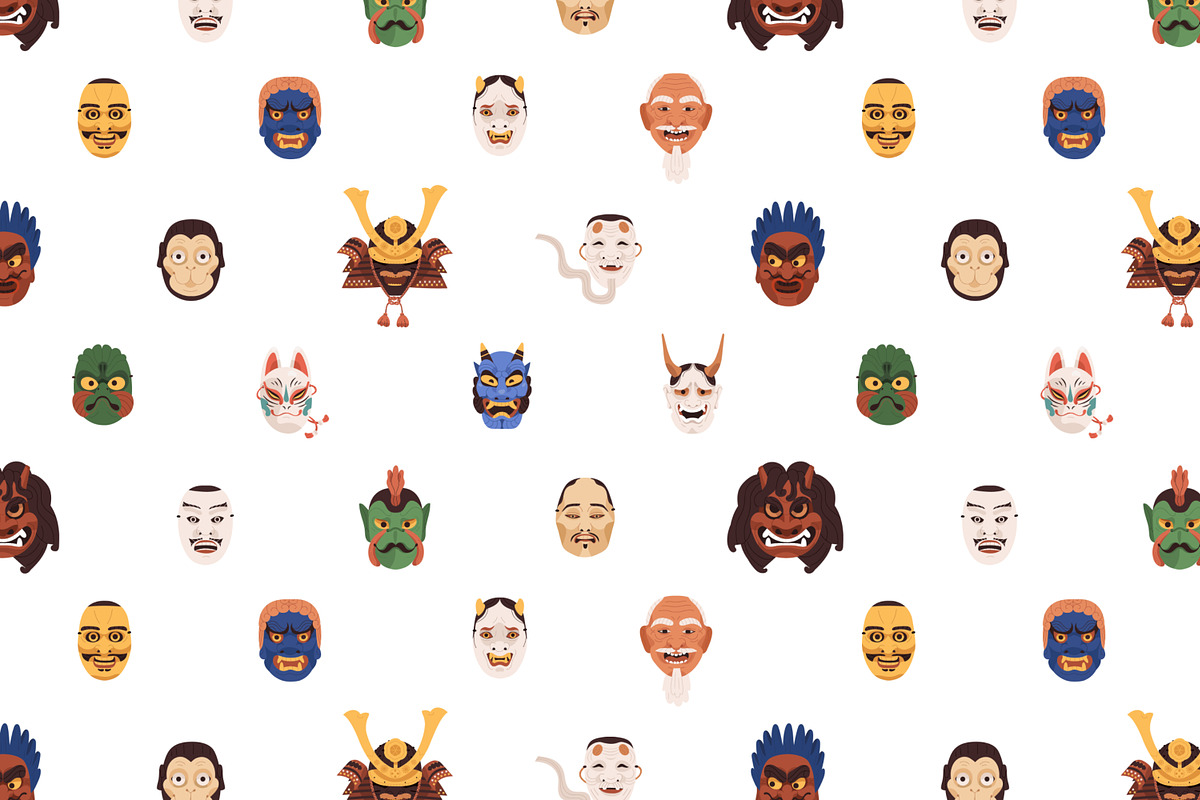 Japanese Noh masks seamless pattern, a Pattern Graphic by Good Studio (Photo 2 of 4)