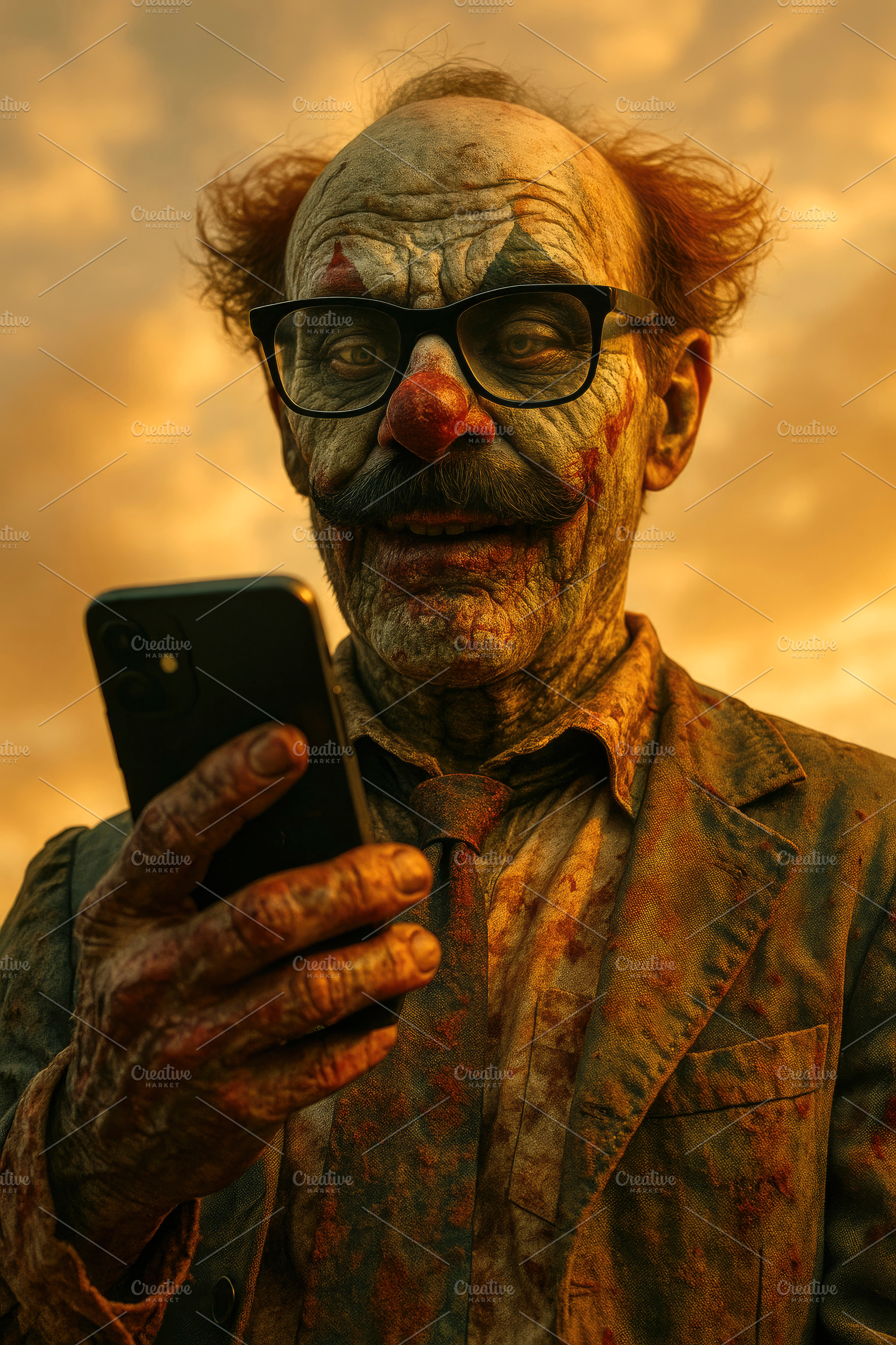 clown with tie using phone, generative AI, a Photo by Nito
