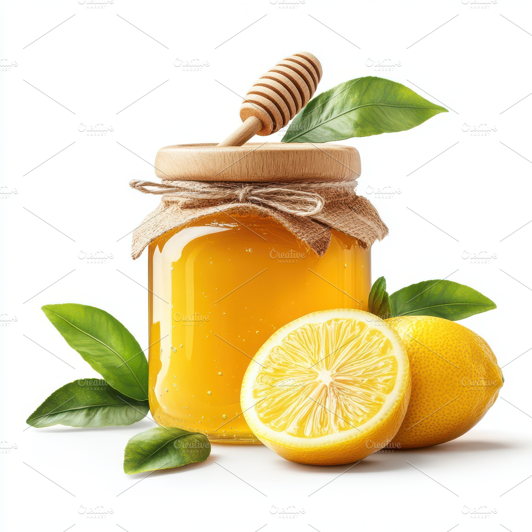 Wooden stick and Honey jar with lemo, a Food & Drink Photo by Pixeness Studio