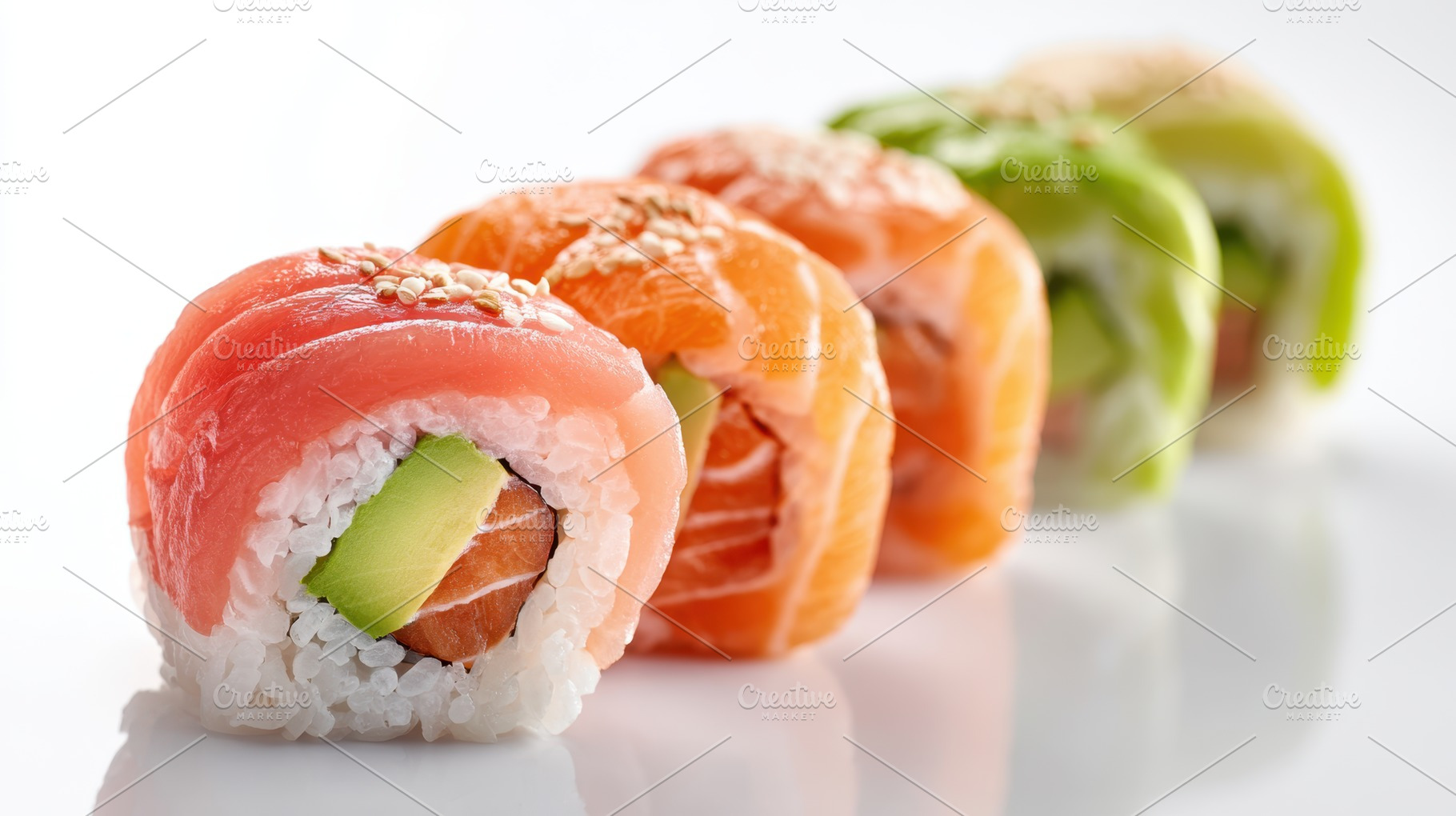 Colorful assortment of sushi rolls on white background, a Food & Drink Photo by AlyaAnd