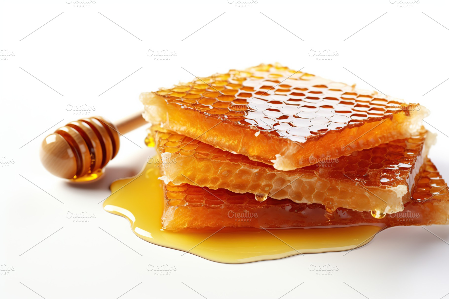 Honeycomb with honey and honey dipper on white background, a Food & Drink Photo by AlyaAnd