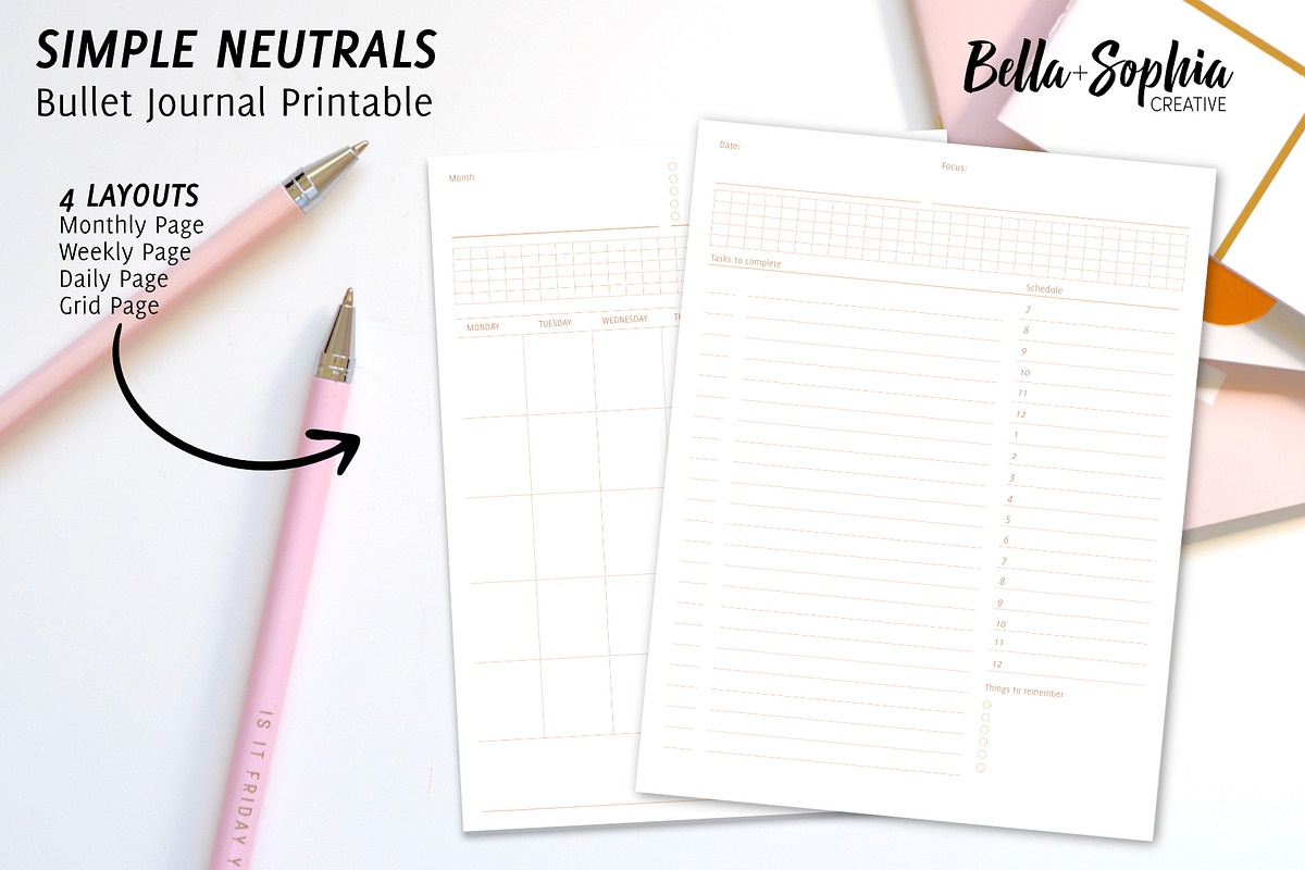 Neutral Bujo: 4 Page Printable, a Stationery Template by Bella+Sophia Creative (Photo 1 of 5)