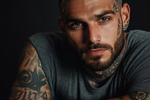 Man with tattoos poses dramatically, a Photo by Pavel_design