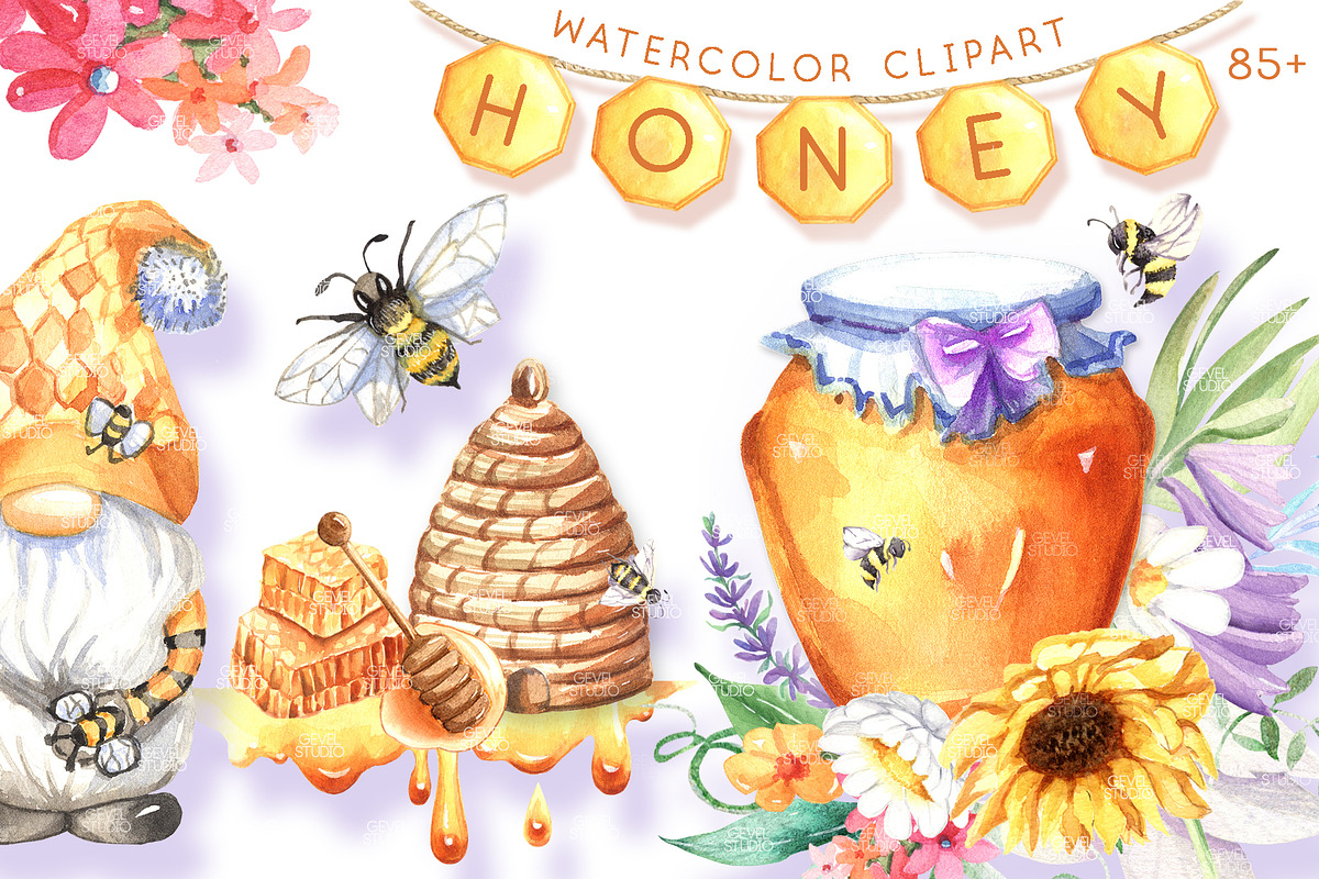 Honey Bee and Wild Flowers clipart, an Illustration by GevelStudio (Photo 1 of 12)
