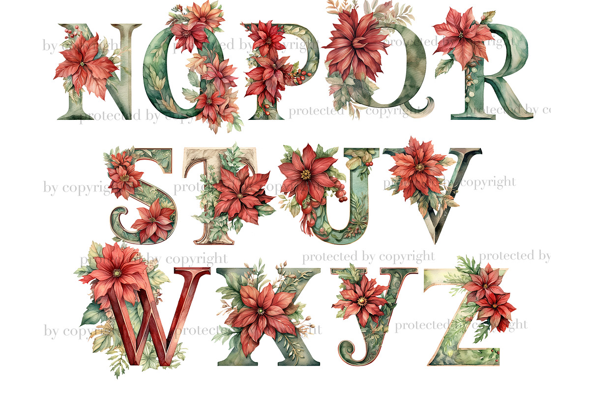 Poinsettia Alphabet | Christmas, a Seasonal Illustration by GlamArtZhanna (Photo 3 of 5)