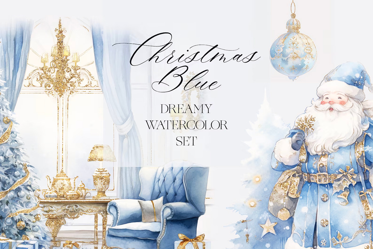 Christmas Blue Watercolor Dreamy Set, a Seasonal Illustration by studioequinox (Photo 1 of 10)