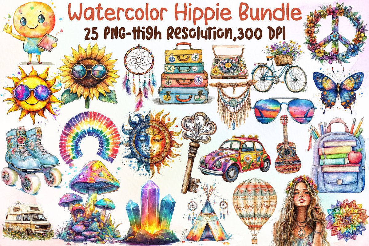 Watercolor Hippie Bundle Clipart, an Illustration by Sublimation Artist (Photo 1 of 6)